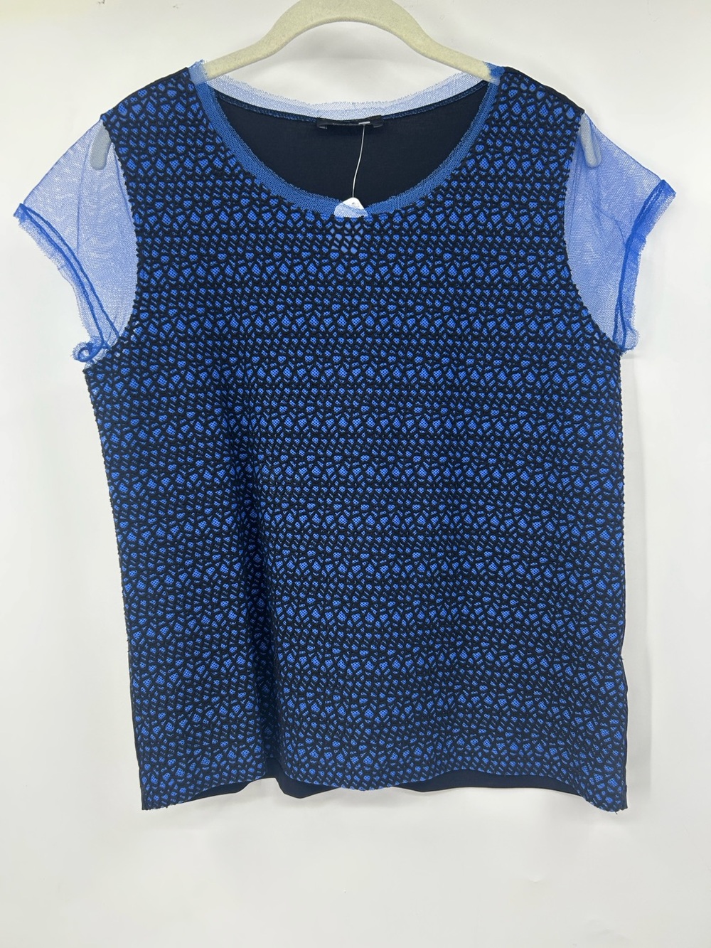 Cop.Copine Blue Black Isac Top Short Sleeve Tee Sheer Sleeves Size 40 US L